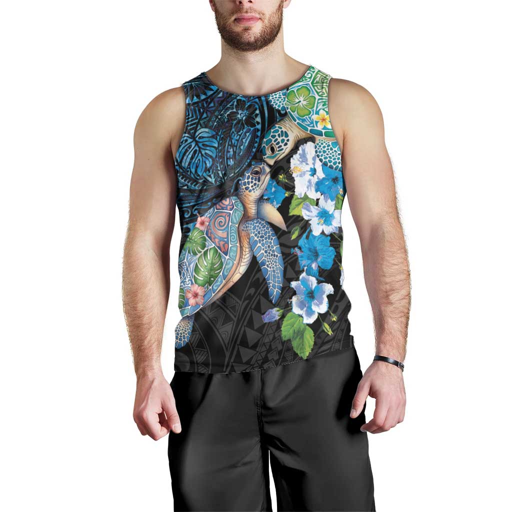 Hawaiian Couple Turtles Honi Men Tank Top Polynesian Art Motifs and Hibiscus Black Blue Color - Polynesian Pride