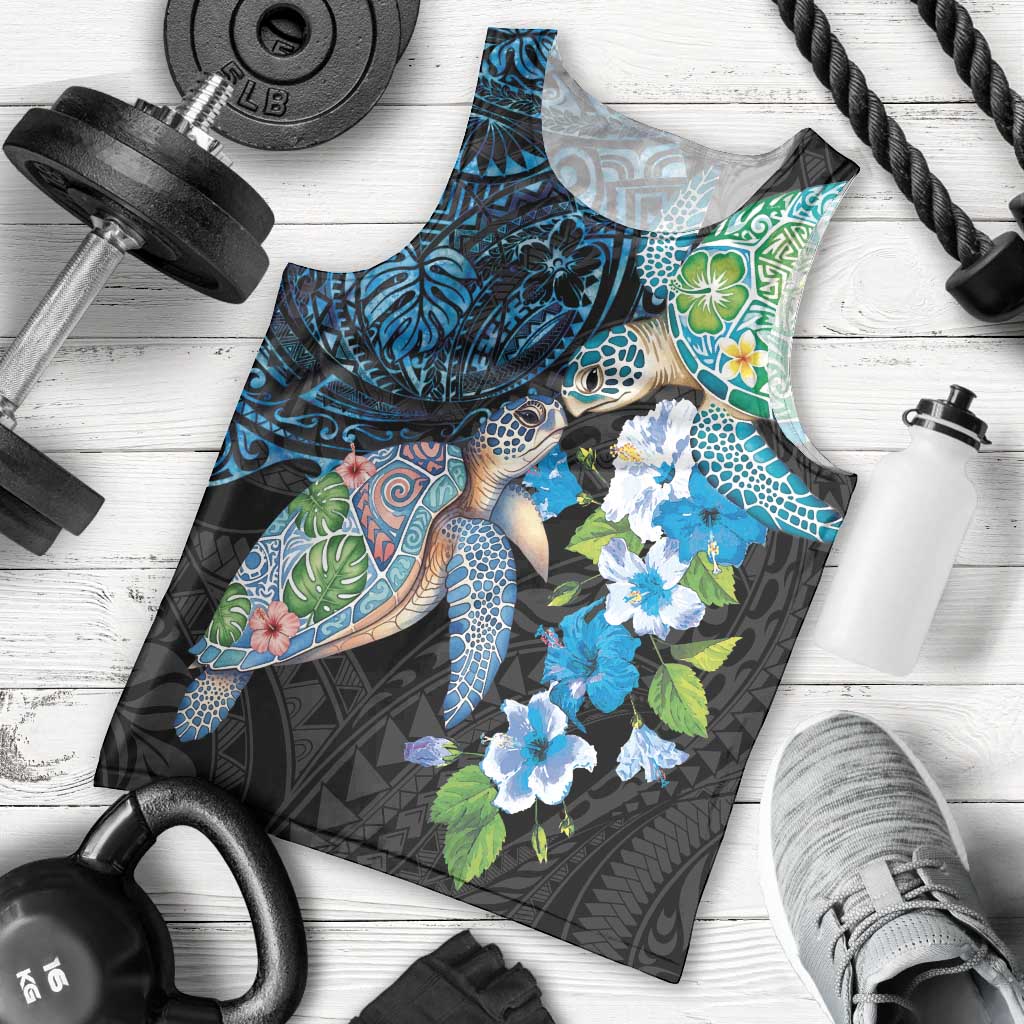 Hawaiian Couple Turtles Honi Men Tank Top Polynesian Art Motifs and Hibiscus Black Blue Color - Polynesian Pride