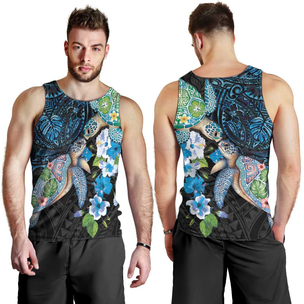 Hawaiian Couple Turtles Honi Men Tank Top Polynesian Art Motifs and Hibiscus Black Blue Color - Polynesian Pride