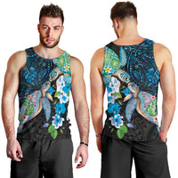 Hawaiian Couple Turtles Honi Men Tank Top Polynesian Art Motifs and Hibiscus Black Blue Color - Polynesian Pride