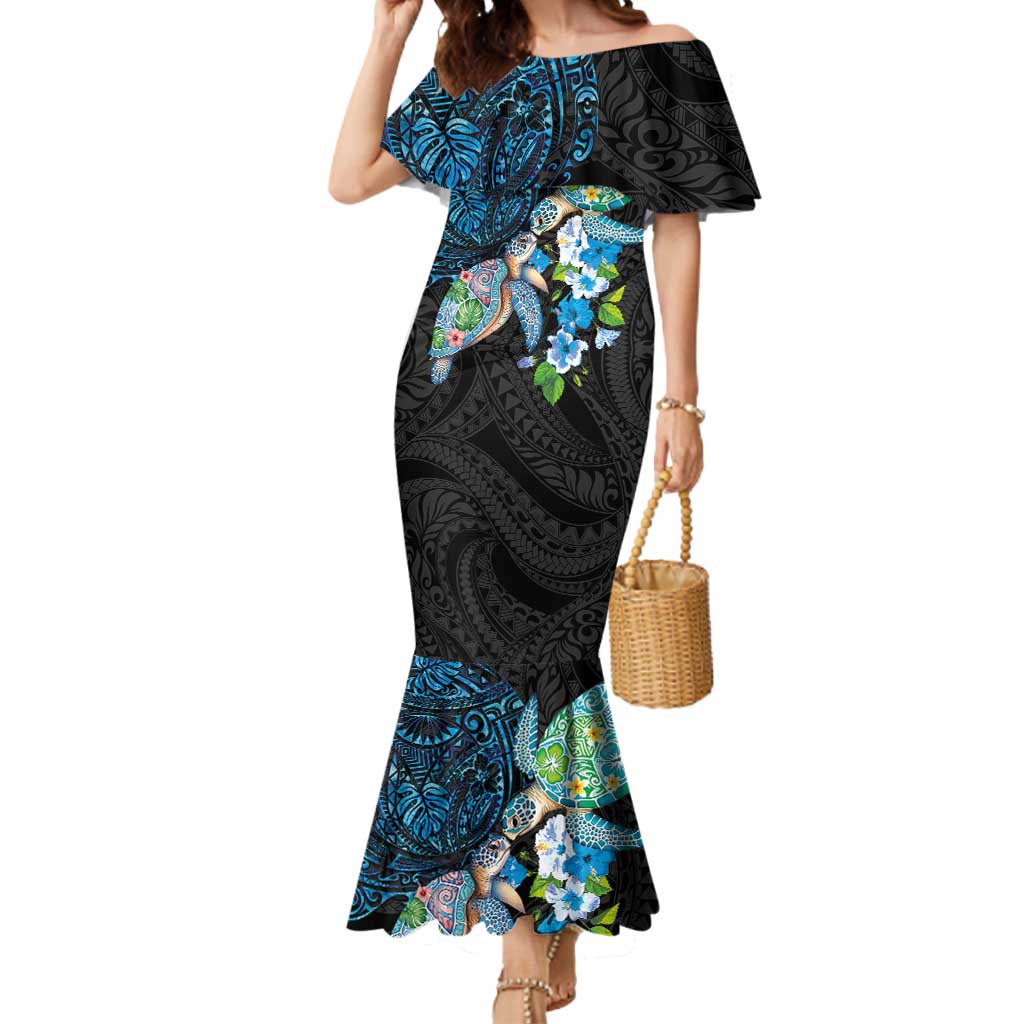 Hawaiian Couple Turtles Honi Mermaid Dress Polynesian Art Motifs and Hibiscus Black Blue Color - Polynesian Pride