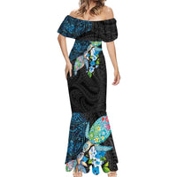 Hawaiian Couple Turtles Honi Mermaid Dress Polynesian Art Motifs and Hibiscus Black Blue Color - Polynesian Pride