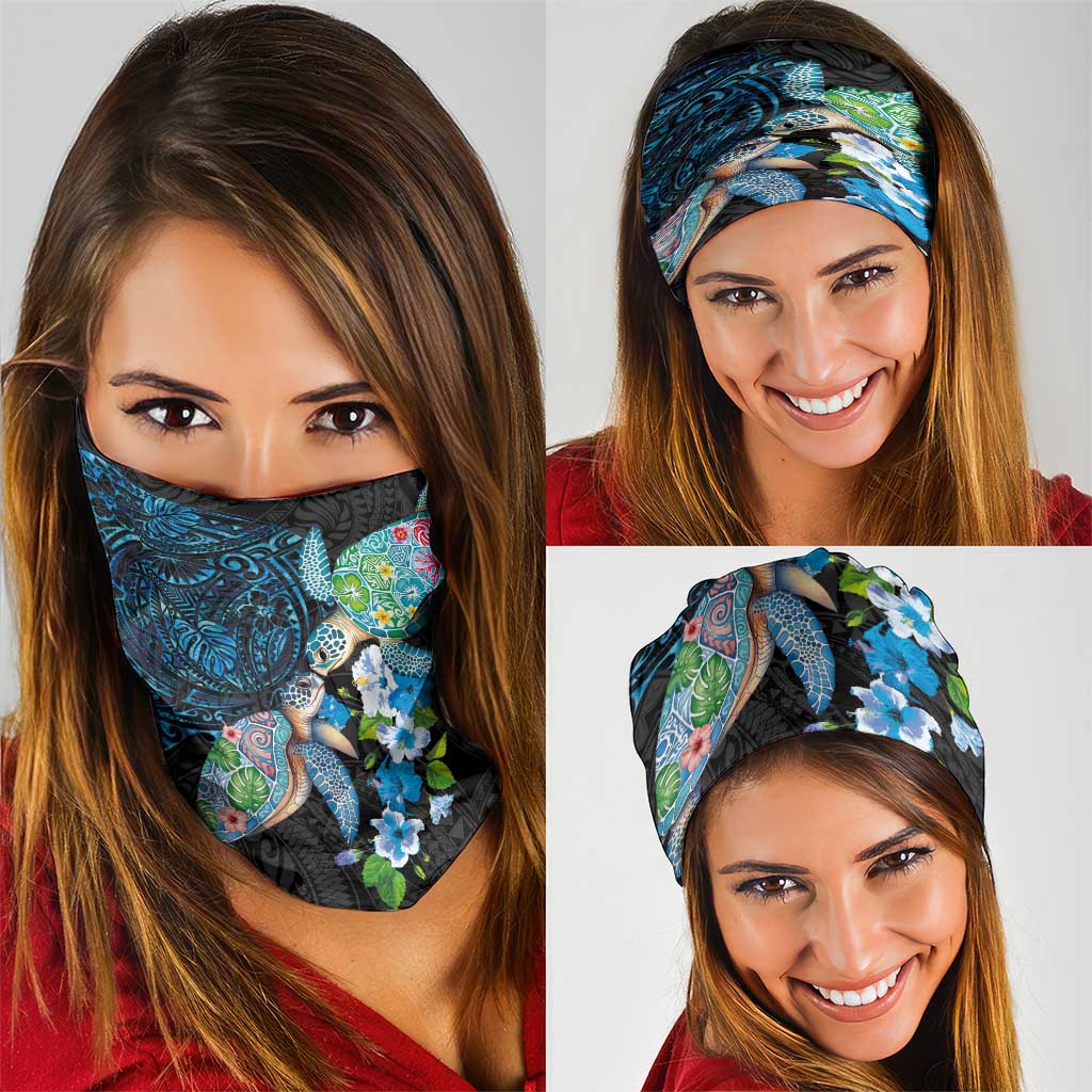Hawaiian Couple Turtles Honi Neck Gaiter Polynesian Art Motifs and Hibiscus Black Blue Color - Polynesian Pride