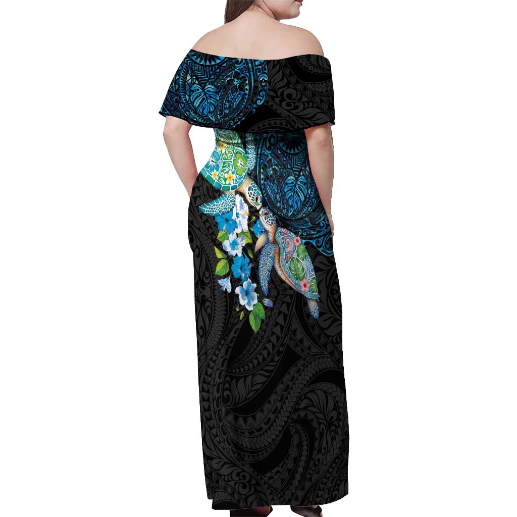 Hawaiian Couple Turtles Honi Off Shoulder Maxi Dress Polynesian Art Motifs and Hibiscus Black Blue Color - Polynesian Pride