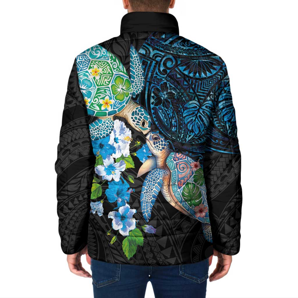 Hawaiian Couple Turtles Honi Padded Jacket Polynesian Art Motifs and Hibiscus Black Blue Color - Polynesian Pride