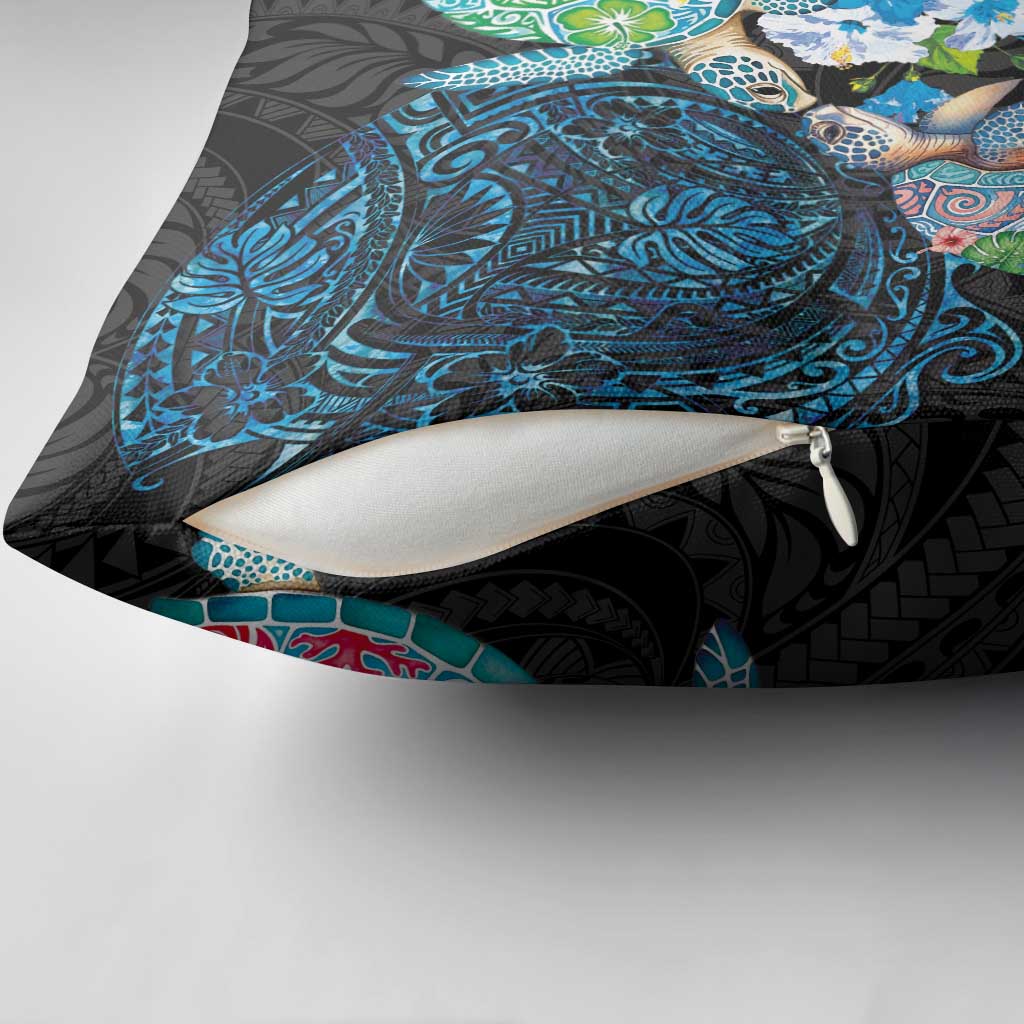 Hawaiian Couple Turtles Honi Pillow Cover Polynesian Art Motifs and Hibiscus Black Blue Color - Polynesian Pride