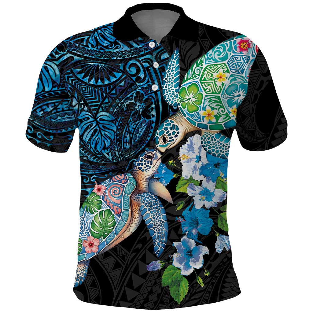 Hawaiian Couple Turtles Honi Polo Shirt Polynesian Art Motifs and Hibiscus Black Blue Color - Polynesian Pride