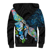 Hawaiian Couple Turtles Honi Sherpa Hoodie Polynesian Art Motifs and Hibiscus Black Blue Color - Polynesian Pride