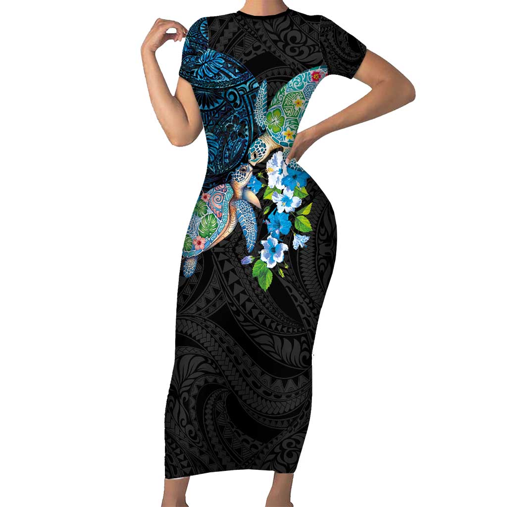 Hawaiian Couple Turtles Honi Short Sleeve Bodycon Dress Polynesian Art Motifs and Hibiscus Black Blue Color - Polynesian Pride