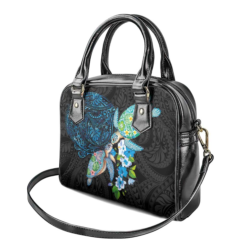 Hawaiian Couple Turtles Honi Shoulder Handbag Polynesian Art Motifs and Hibiscus Black Blue Color - Polynesian Pride