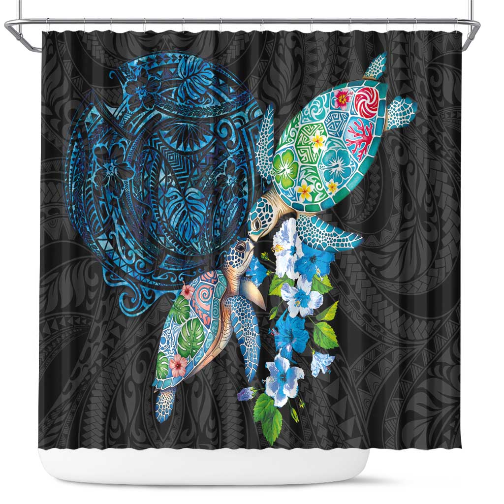Hawaiian Couple Turtles Honi Shower Curtain Polynesian Art Motifs and Hibiscus Black Blue Color - Polynesian Pride