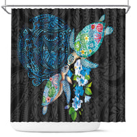Hawaiian Couple Turtles Honi Shower Curtain Polynesian Art Motifs and Hibiscus Black Blue Color - Polynesian Pride