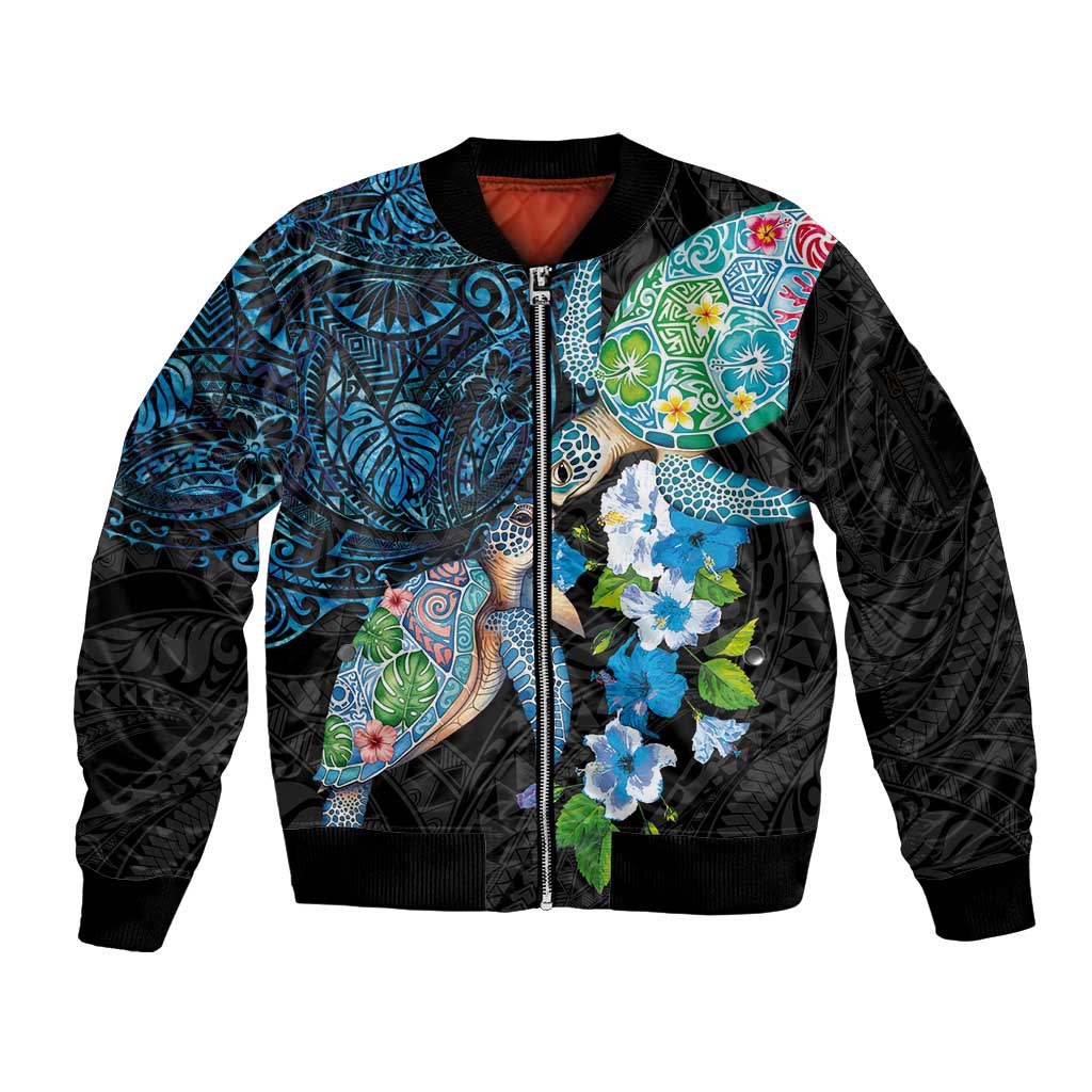 Hawaiian Couple Turtles Honi Sleeve Zip Bomber Jacket Polynesian Art Motifs and Hibiscus Black Blue Color - Polynesian Pride