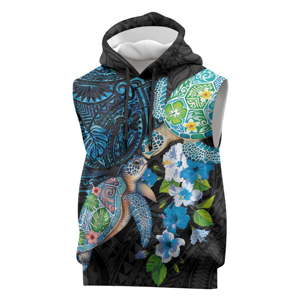 Hawaiian Couple Turtles Honi Sleeveless Hoodie Polynesian Art Motifs and Hibiscus Black Blue Color - Polynesian Pride