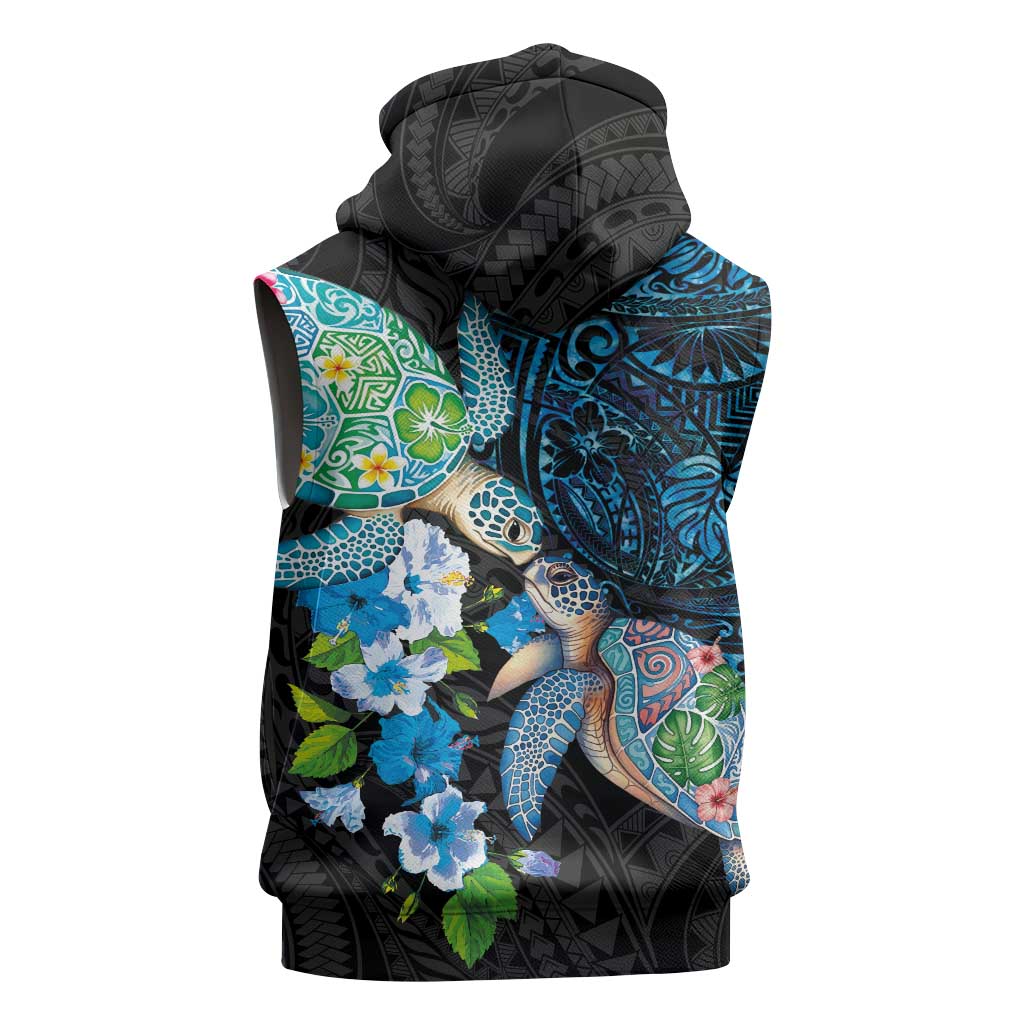 Hawaiian Couple Turtles Honi Sleeveless Hoodie Polynesian Art Motifs and Hibiscus Black Blue Color - Polynesian Pride