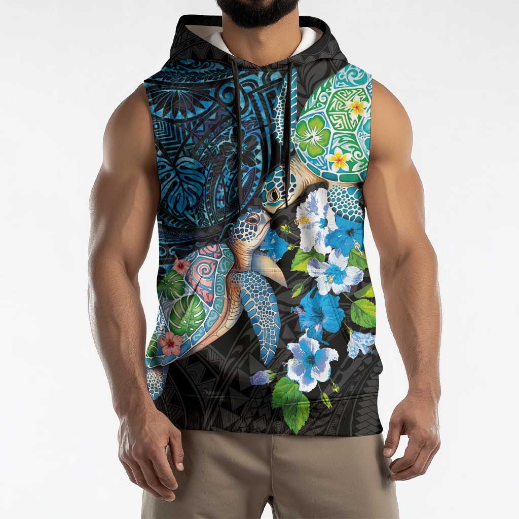 Hawaiian Couple Turtles Honi Sleeveless Hoodie Polynesian Art Motifs and Hibiscus Black Blue Color - Polynesian Pride