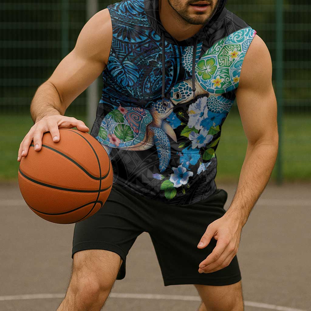 Hawaiian Couple Turtles Honi Sleeveless Hoodie Polynesian Art Motifs and Hibiscus Black Blue Color - Polynesian Pride