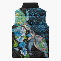 Hawaiian Couple Turtles Honi Sleeveless Puffer Jacket Polynesian Art Motifs and Hibiscus Black Blue Color - Polynesian Pride