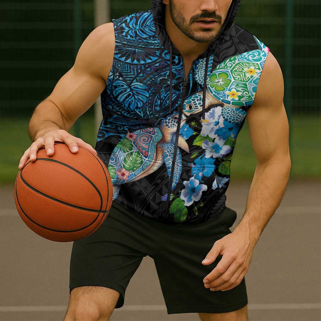 Hawaiian Couple Turtles Honi Sleeveless Zip Hoodie Polynesian Art Motifs and Hibiscus Black Blue Color - Polynesian Pride