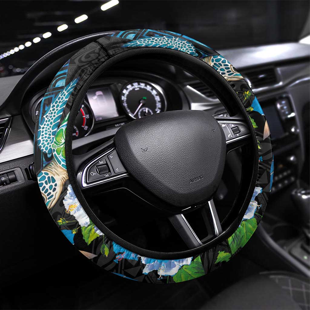 Hawaiian Couple Turtles Honi Steering Wheel Cover Polynesian Art Motifs and Hibiscus Black Blue Color - Polynesian Pride