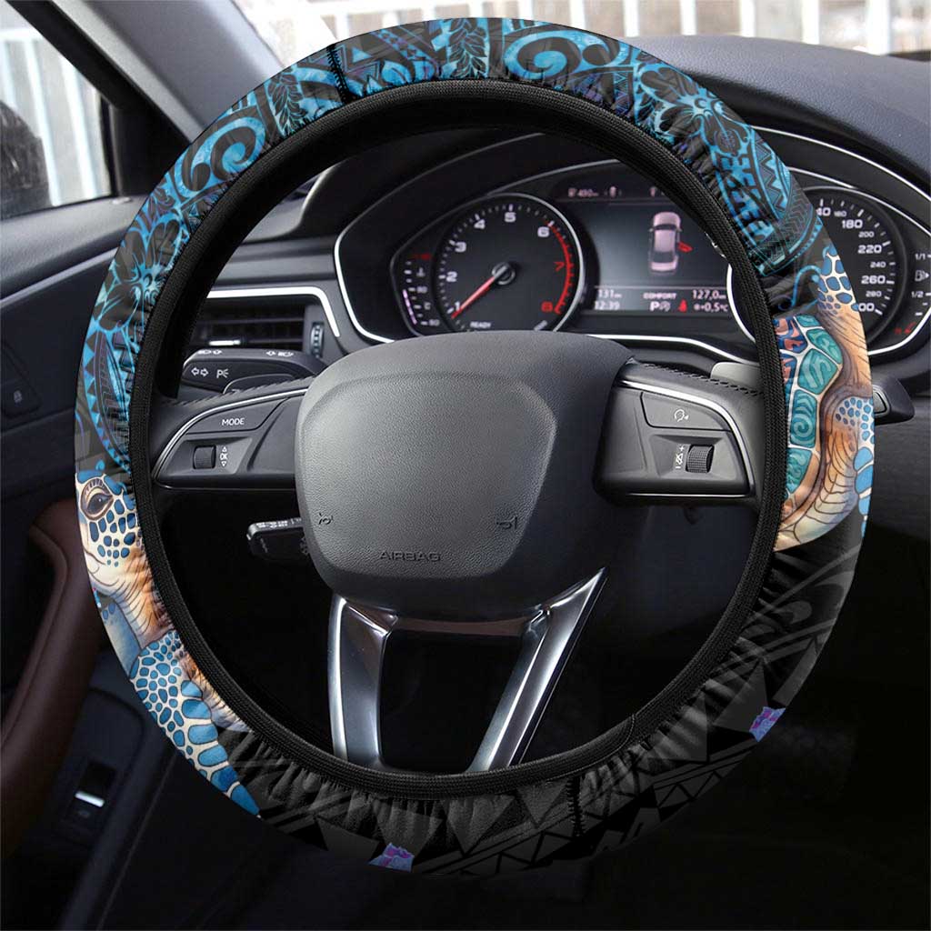 Hawaiian Couple Turtles Honi Steering Wheel Cover Polynesian Art Motifs and Hibiscus Black Blue Color - Polynesian Pride