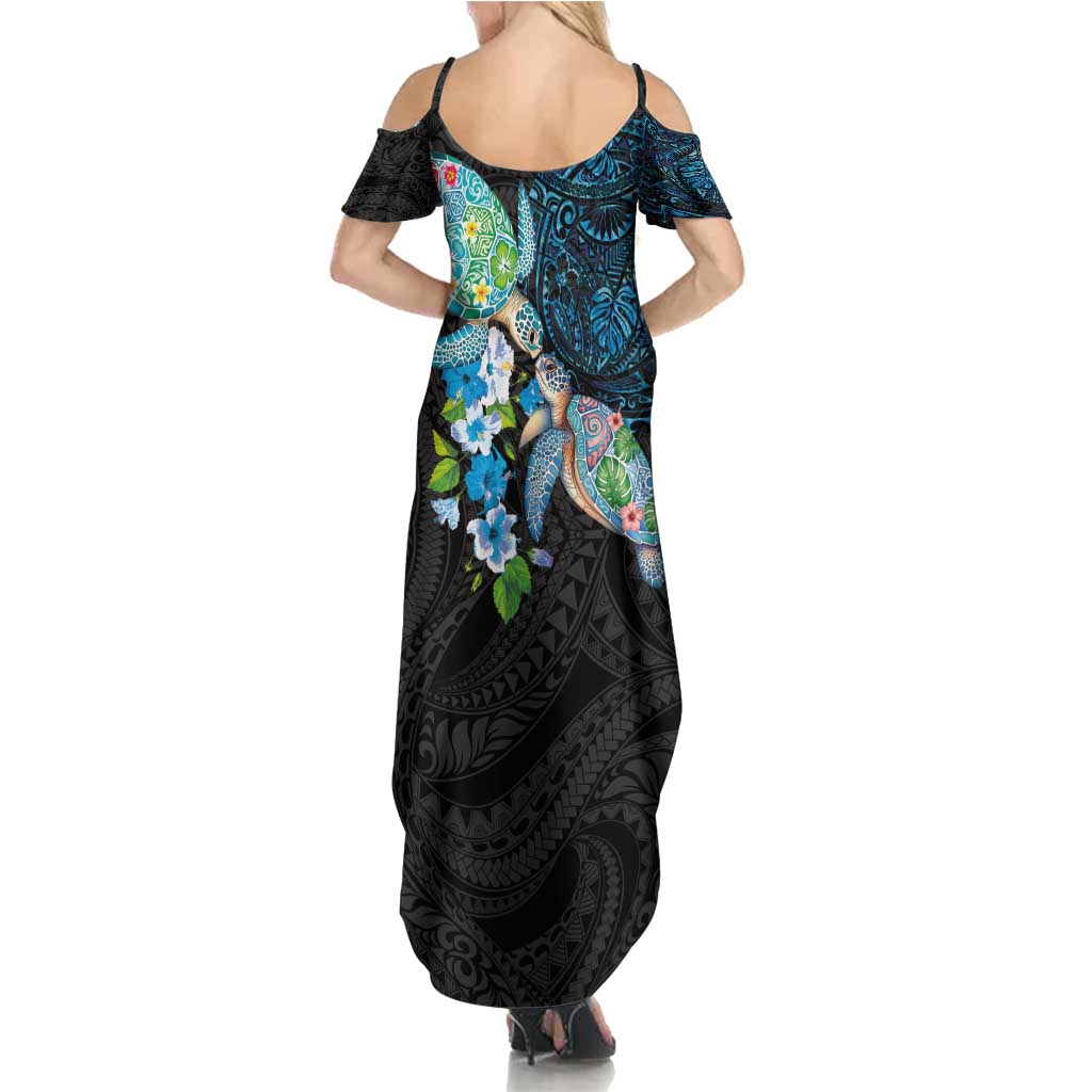Hawaiian Couple Turtles Honi Summer Maxi Dress Polynesian Art Motifs and Hibiscus Black Blue Color - Polynesian Pride