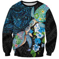 Hawaiian Couple Turtles Honi Sweatshirt Polynesian Art Motifs and Hibiscus Black Blue Color - Polynesian Pride