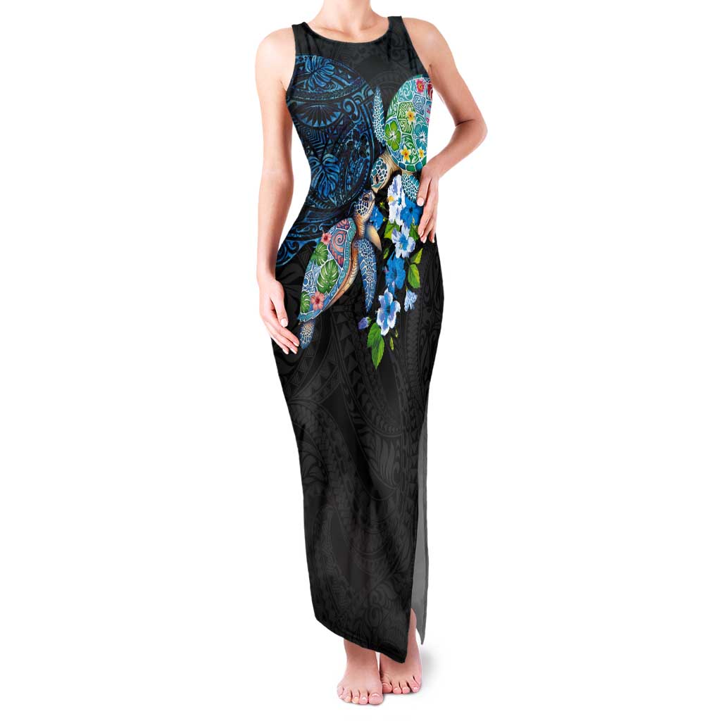 Hawaiian Couple Turtles Honi Tank Maxi Dress Polynesian Art Motifs and Hibiscus Black Blue Color - Polynesian Pride