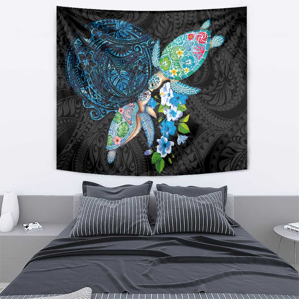 Hawaiian Couple Turtles Honi Tapestry Polynesian Art Motifs and Hibiscus Black Blue Color - Polynesian Pride
