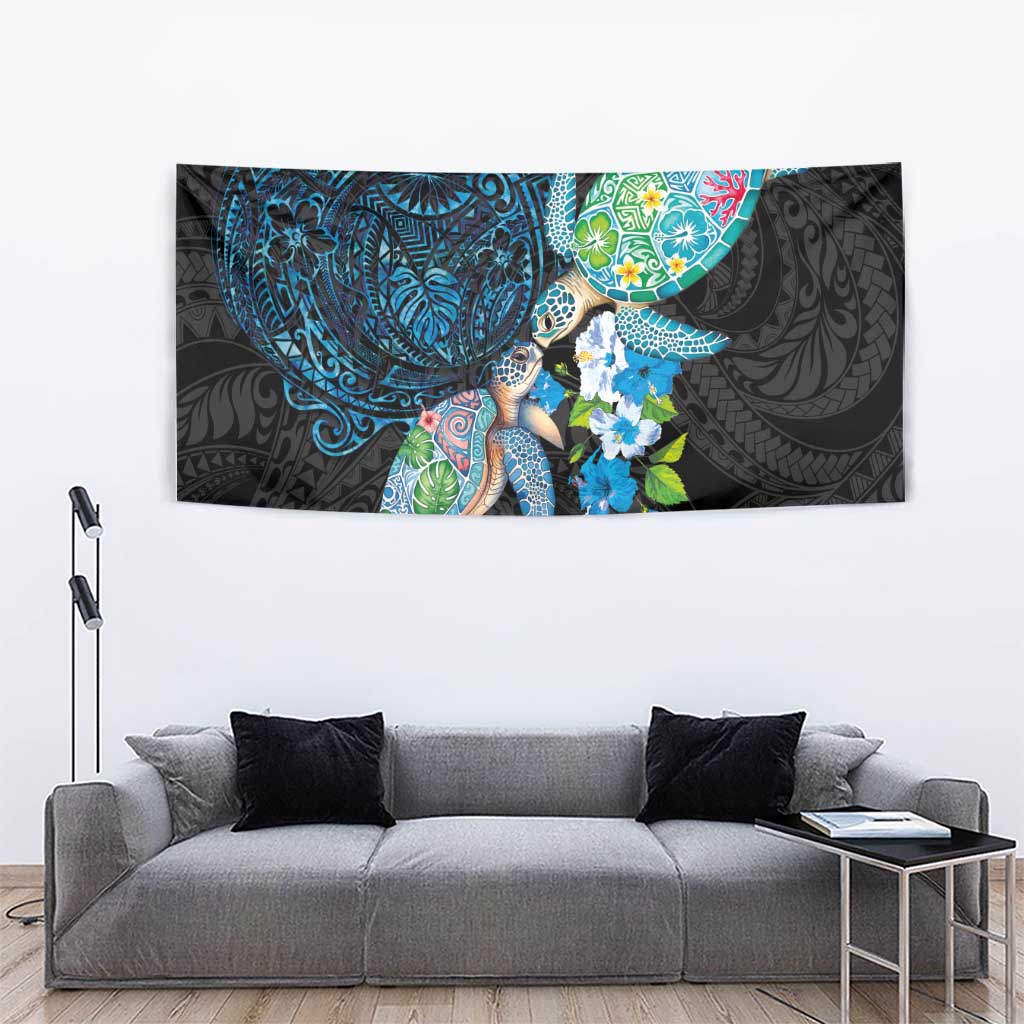 Hawaiian Couple Turtles Honi Tapestry Polynesian Art Motifs and Hibiscus Black Blue Color - Polynesian Pride