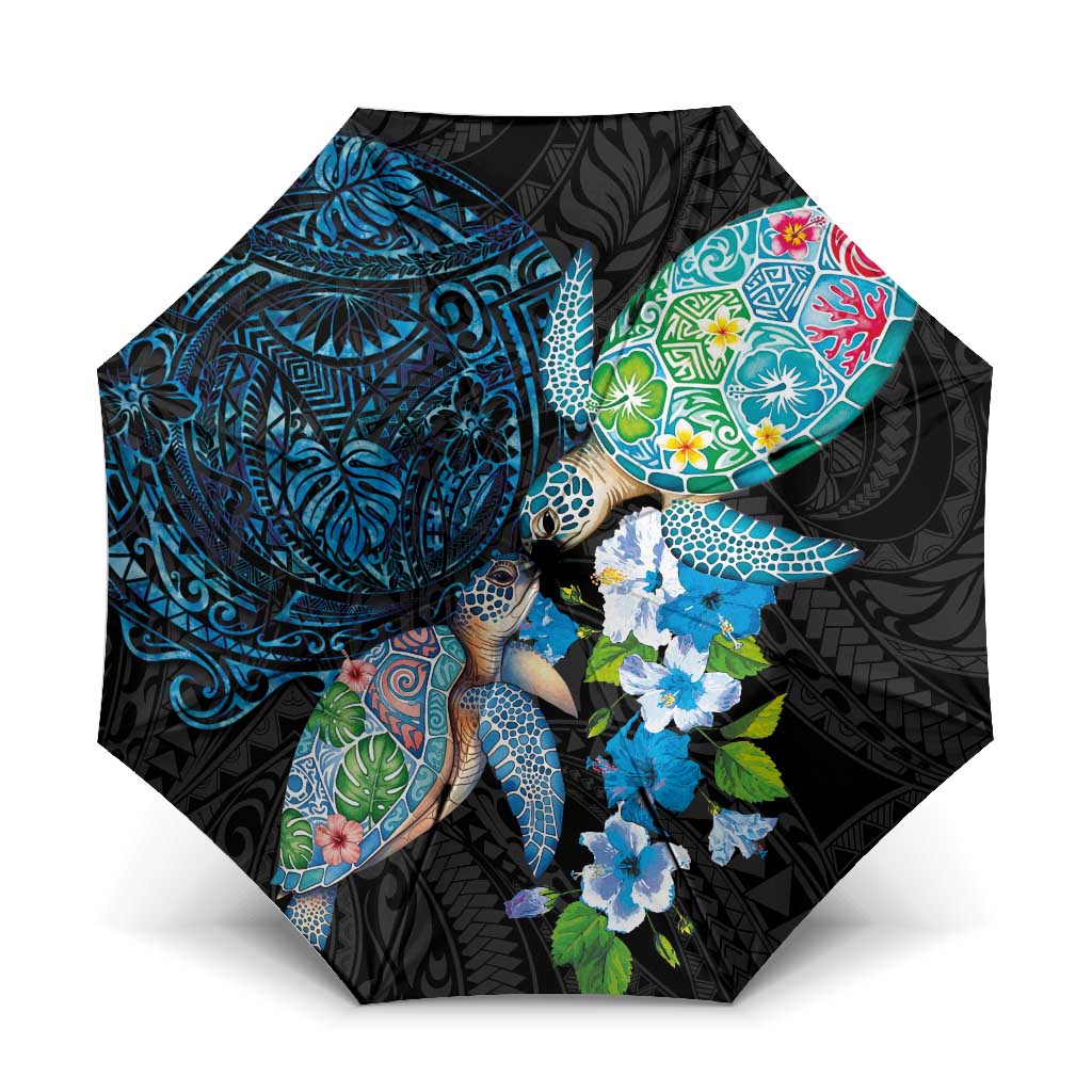 Hawaiian Couple Turtles Honi Umbrella Polynesian Art Motifs and Hibiscus Black Blue Color - Polynesian Pride