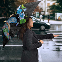 Hawaiian Couple Turtles Honi Umbrella Polynesian Art Motifs and Hibiscus Black Blue Color - Polynesian Pride