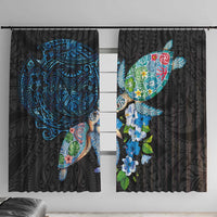Hawaiian Couple Turtles Honi Window Curtain Polynesian Art Motifs and Hibiscus Black Blue Color - Polynesian Pride