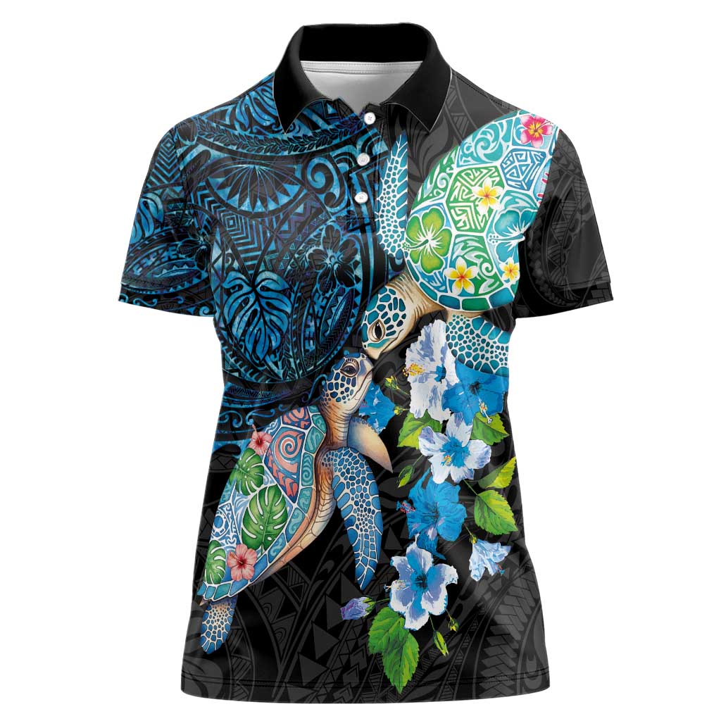 Hawaiian Couple Turtles Honi Women Polo Shirt Polynesian Art Motifs and Hibiscus Black Blue Color - Polynesian Pride
