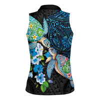 Hawaiian Couple Turtles Honi Women Sleeveless Polo Shirt Polynesian Art Motifs and Hibiscus Black Blue Color - Polynesian Pride