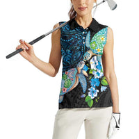 Hawaiian Couple Turtles Honi Women Sleeveless Polo Shirt Polynesian Art Motifs and Hibiscus Black Blue Color - Polynesian Pride