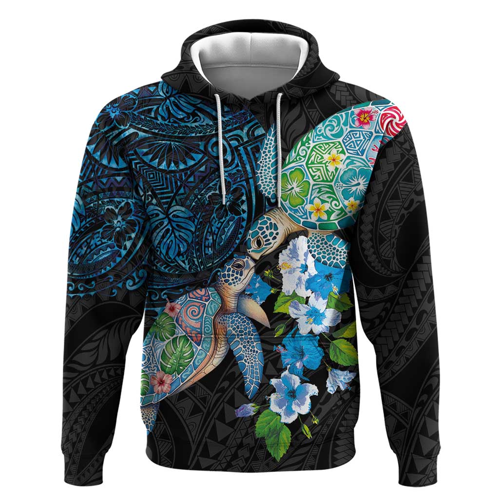 Hawaiian Couple Turtles Honi Zip Hoodie Polynesian Art Motifs and Hibiscus Black Blue Color - Polynesian Pride
