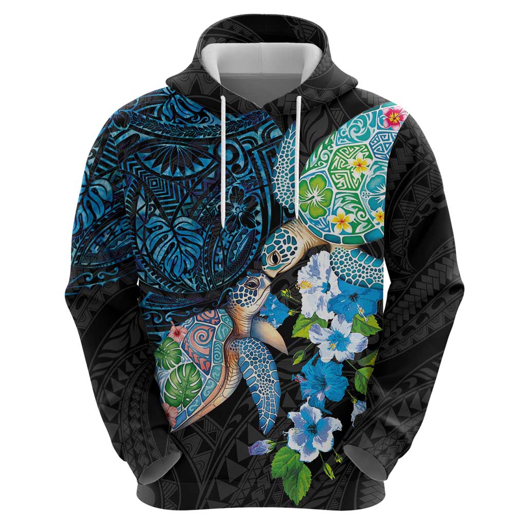 Hawaiian Couple Turtles Honi Zip Hoodie Polynesian Art Motifs and Hibiscus Black Blue Color - Polynesian Pride