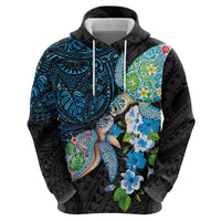 Hawaiian Couple Turtles Honi Zip Hoodie Polynesian Art Motifs and Hibiscus Black Blue Color - Polynesian Pride