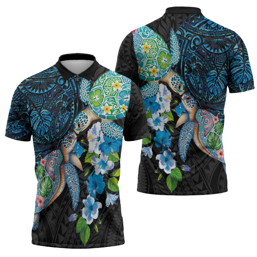 Hawaiian Couple Turtles Honi Zipper Polo Shirt Polynesian Art Motifs and Hibiscus Black Blue Color - Polynesian Pride