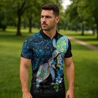Hawaiian Couple Turtles Honi Zipper Polo Shirt Polynesian Art Motifs and Hibiscus Black Blue Color - Polynesian Pride