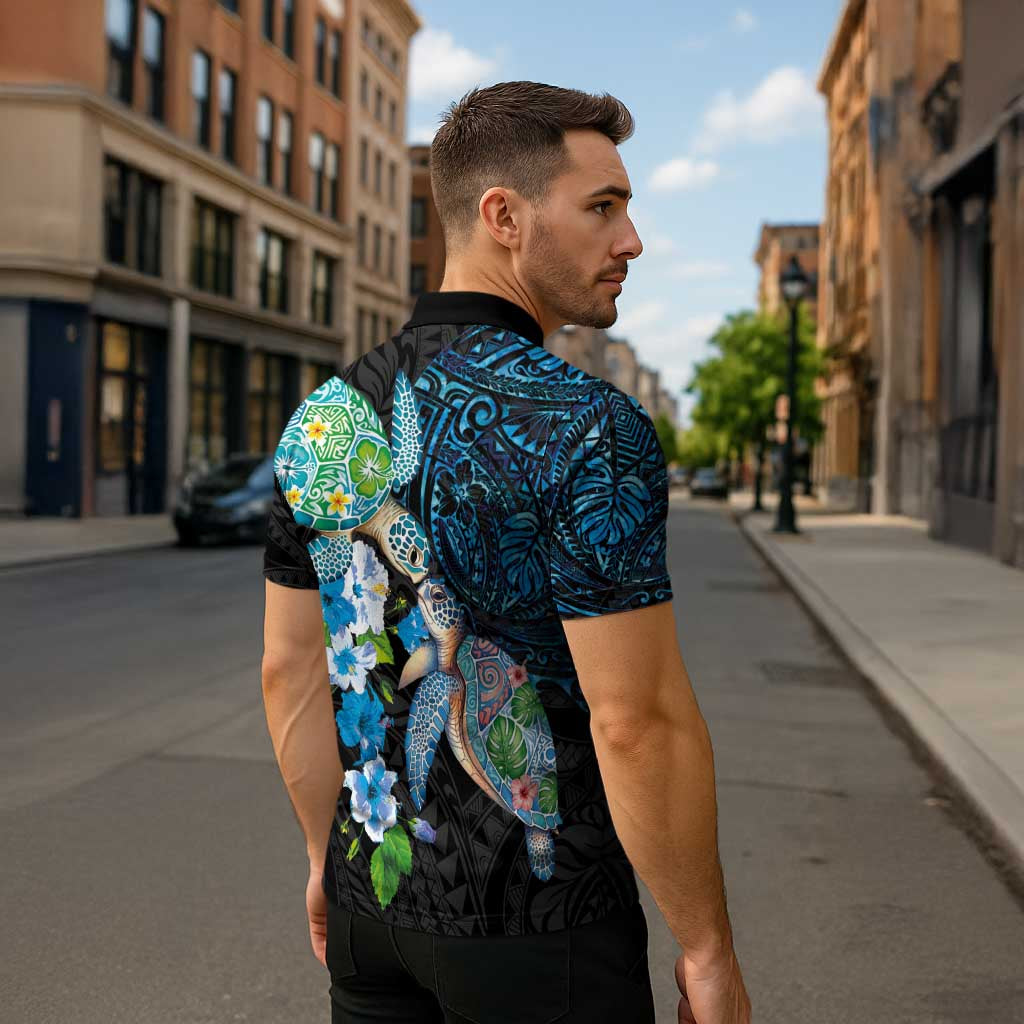 Hawaiian Couple Turtles Honi Zipper Polo Shirt Polynesian Art Motifs and Hibiscus Black Blue Color - Polynesian Pride
