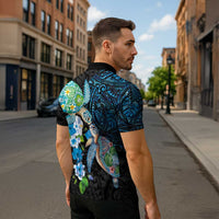 Hawaiian Couple Turtles Honi Zipper Polo Shirt Polynesian Art Motifs and Hibiscus Black Blue Color - Polynesian Pride