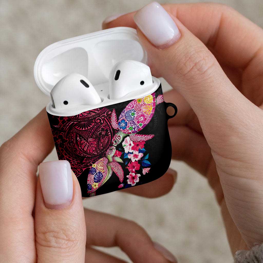 Hawaiian Couple Turtles Honi AirPods Case Polynesian Art Motifs and Hibiscus Black Red Color - Polynesian Pride