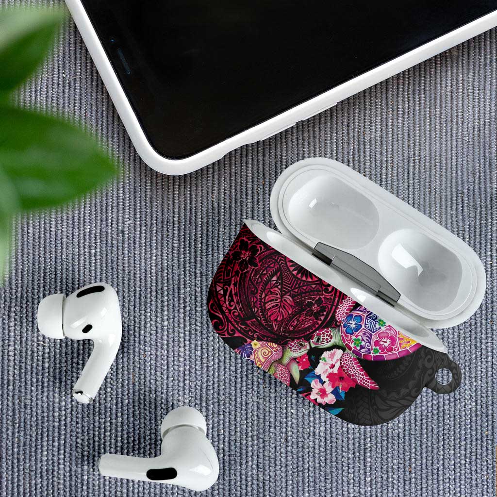 Hawaiian Couple Turtles Honi AirPods Case Polynesian Art Motifs and Hibiscus Black Red Color - Polynesian Pride