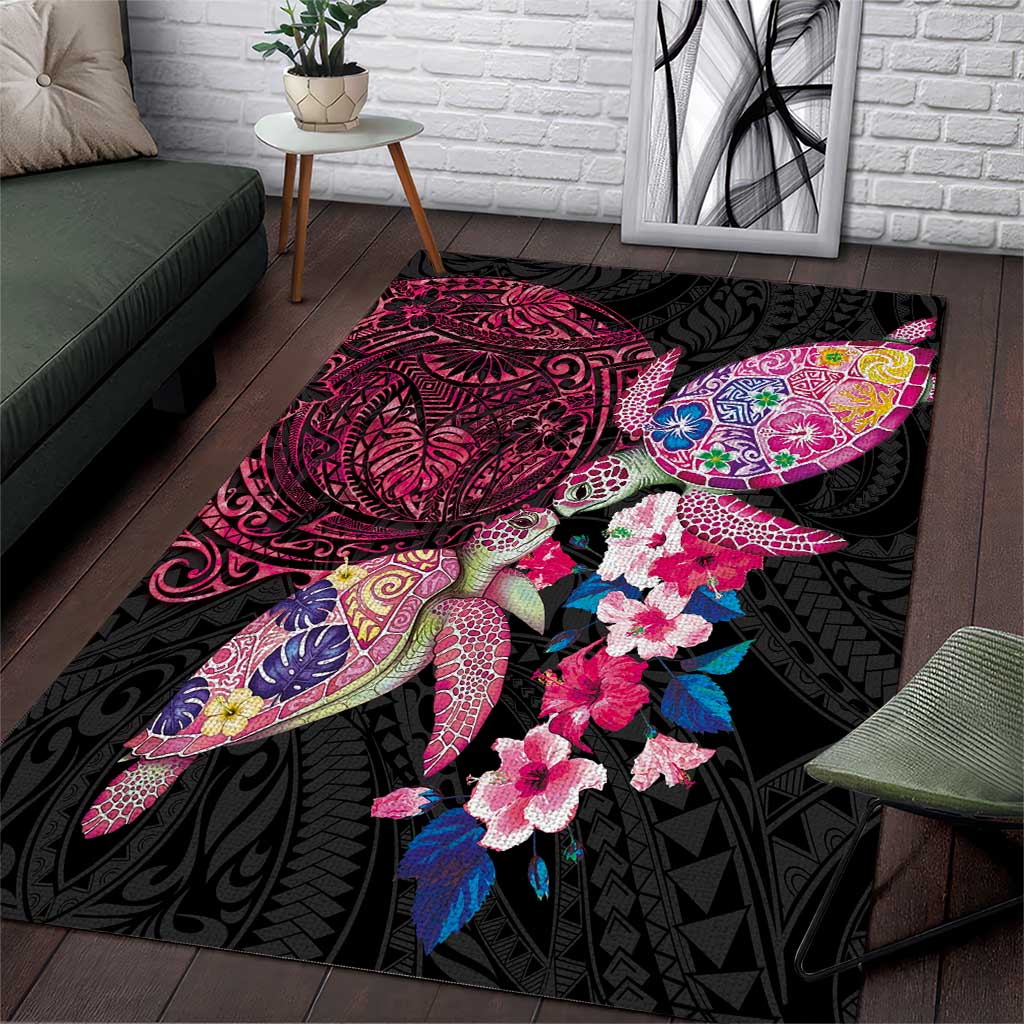 Hawaiian Couple Turtles Honi Area Rug Polynesian Art Motifs and Hibiscus Black Red Color - Polynesian Pride