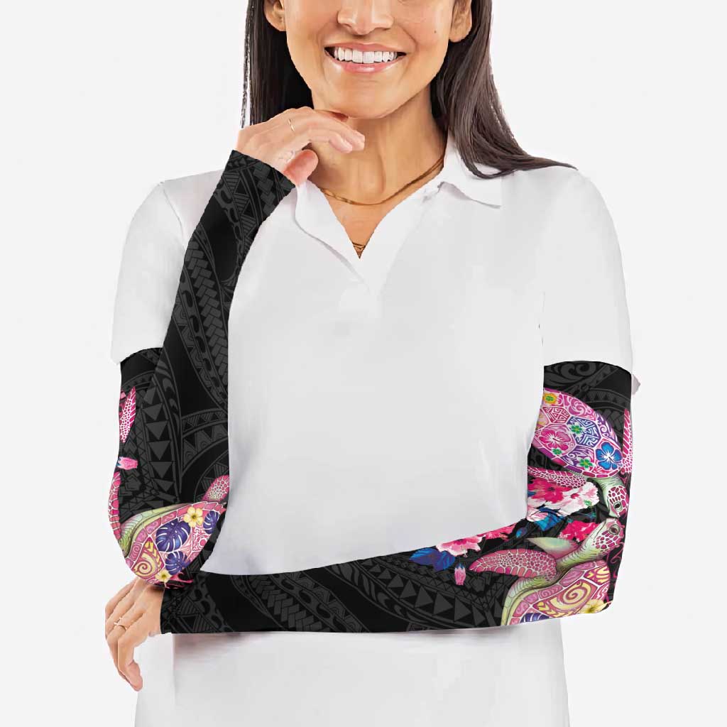 Hawaiian Couple Turtles Honi Arm Sleeves Polynesian Art Motifs and Hibiscus Black Red Color - Polynesian Pride