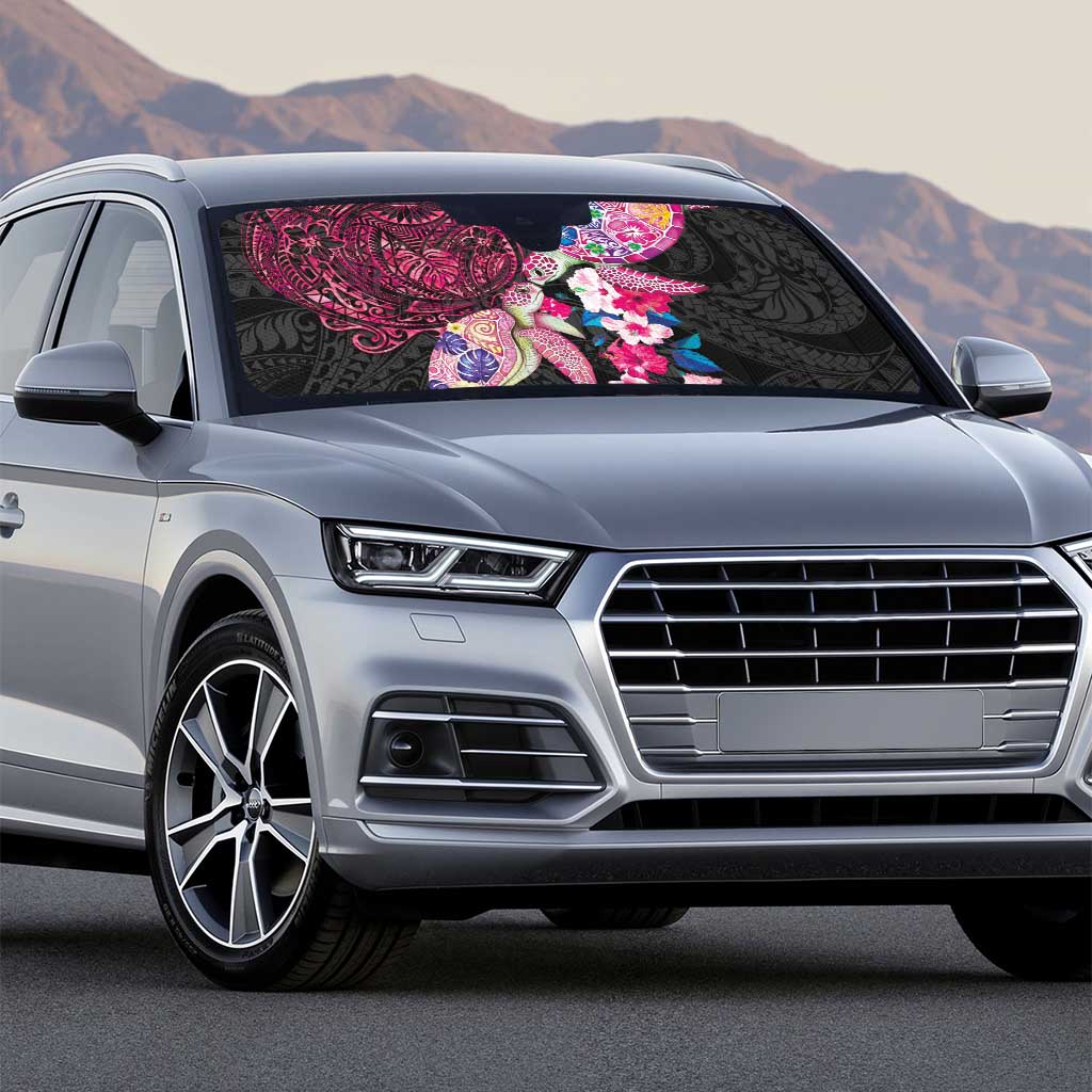 Hawaiian Couple Turtles Honi Auto Sun Shade Polynesian Art Motifs and Hibiscus Black Red Color - Polynesian Pride