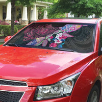 Hawaiian Couple Turtles Honi Auto Sun Shade Polynesian Art Motifs and Hibiscus Black Red Color - Polynesian Pride