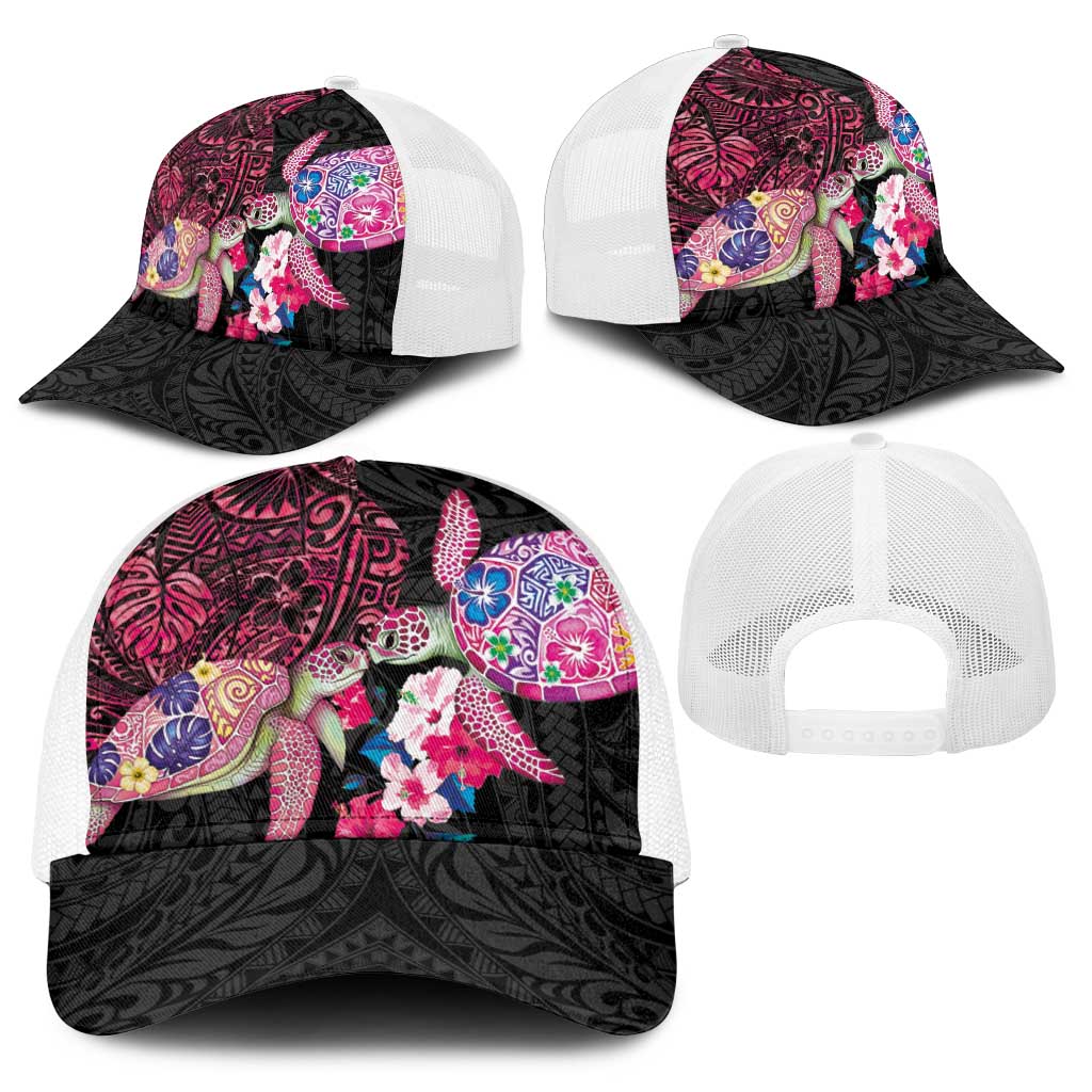 Hawaiian Couple Turtles Honi Baseball Net Cap Polynesian Art Motifs and Hibiscus Black Red Color - Polynesian Pride
